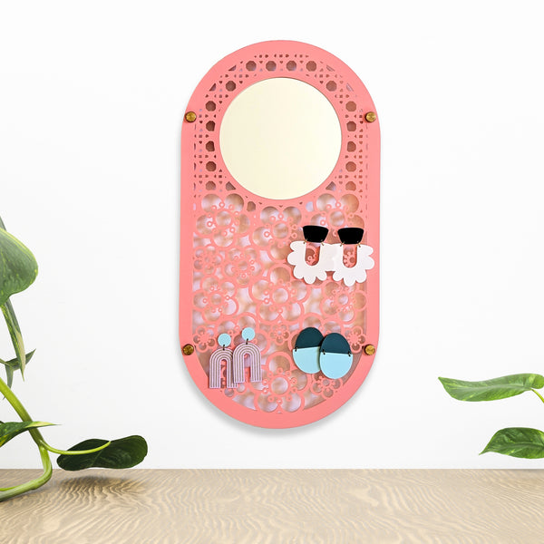 Flowers Oval Wall Hanging Jewelry Holder with Mirror