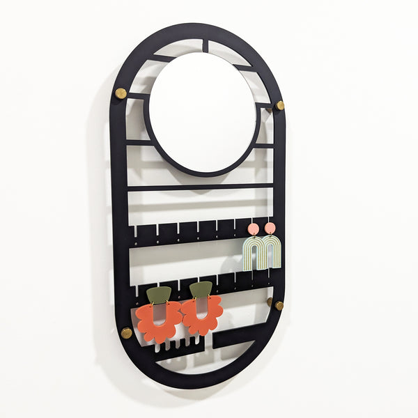 Oval Geometric Wall Hanging Jewelry Holder with Mirror