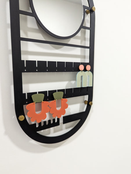 Oval Geometric Wall Hanging Jewelry Holder with Mirror