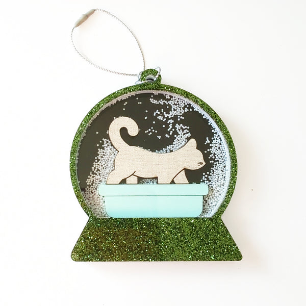 Christmas Cat in Litter Box Snow Globe Shaker Ornament