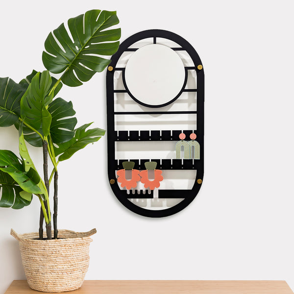 Oval Geometric Wall Hanging Jewelry Holder with Mirror