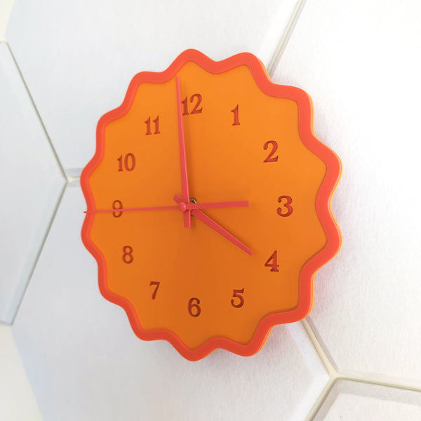 Fluted Geometric Acrylic Wall Clock with Numbers - Orange and Melon