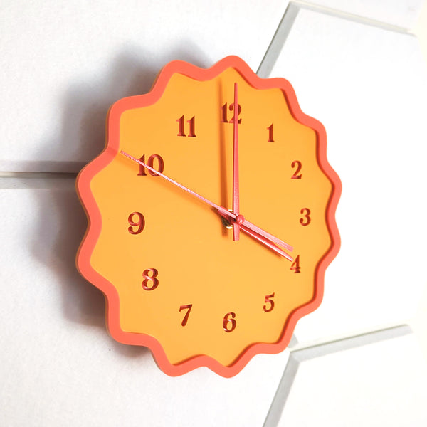 Fluted Geometric Acrylic Wall Clock with Numbers - Orange and Melon