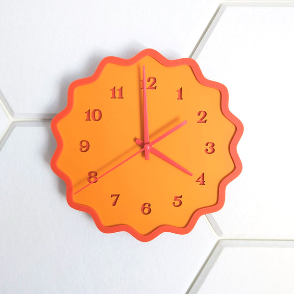 Fluted Geometric Acrylic Wall Clock with Numbers - Orange and Melon