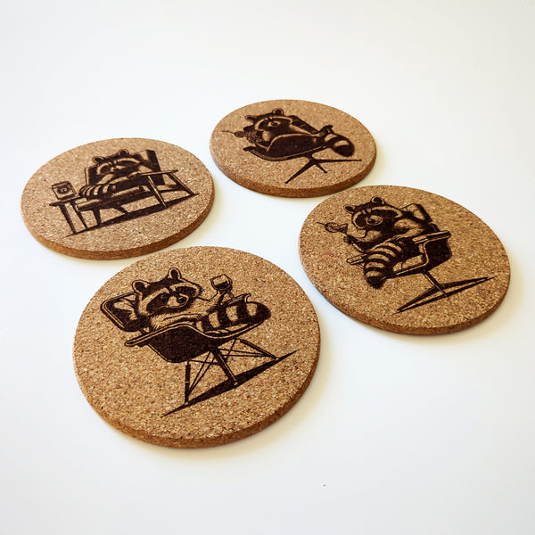 Raccoons with Cocktails Cork Coasters Set of 4