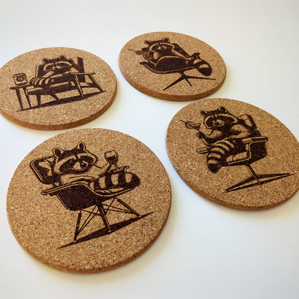 Raccoons with Cocktails Cork Coasters Set of 4