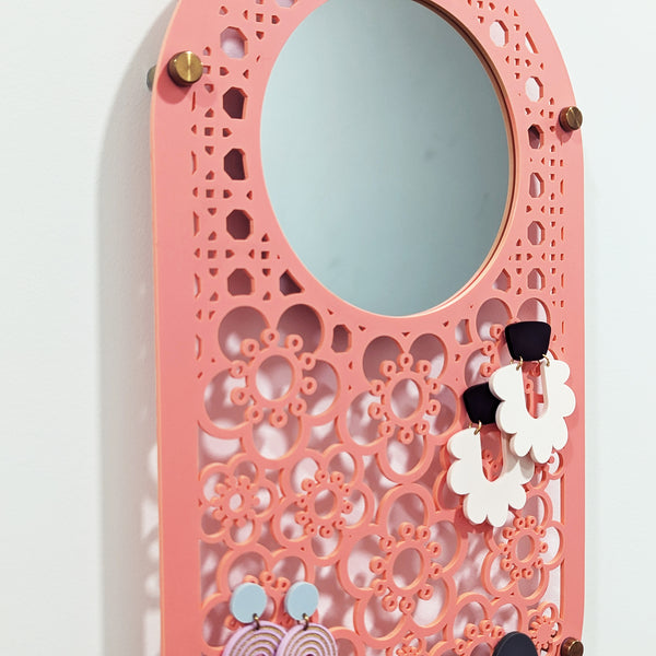 Flowers Oval Wall Hanging Jewelry Holder with Mirror