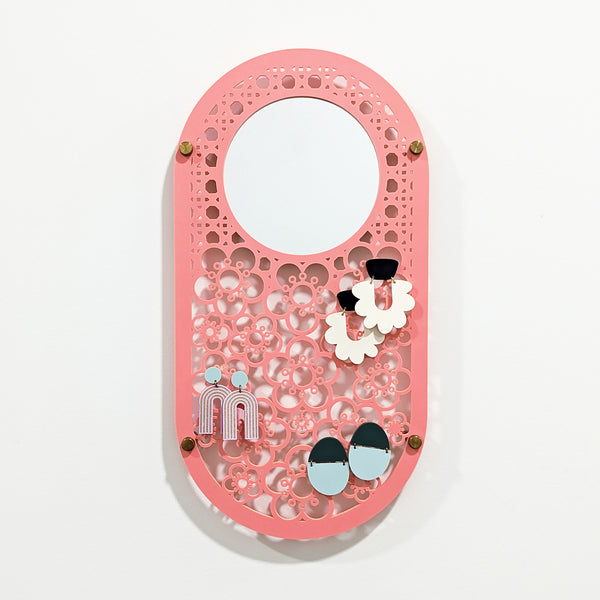 Flowers Oval Wall Hanging Jewelry Holder with Mirror