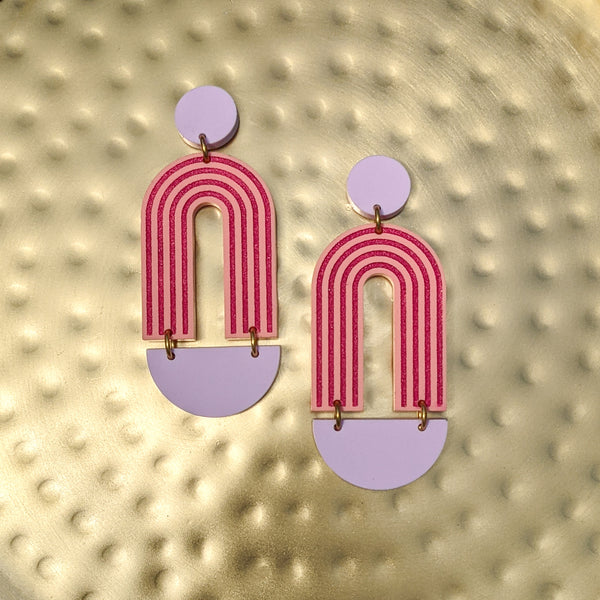 Art Deco Arch Matte Pink and Purple Acrylic Earrings