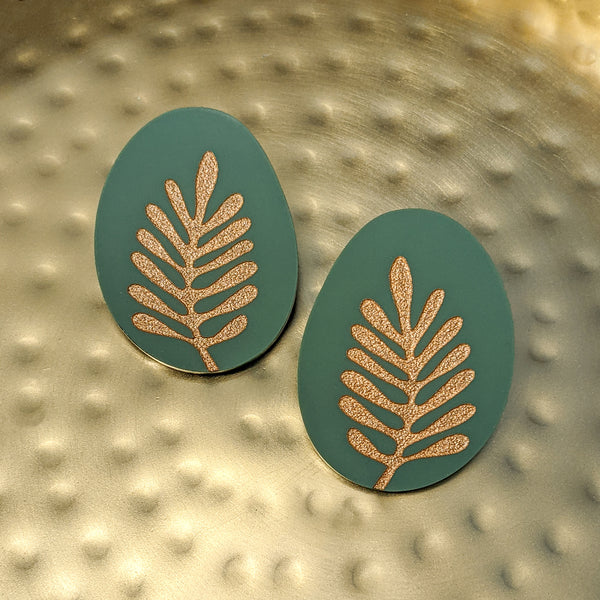 Matte Dark Sage Green and Gold Organic Fern Earrings