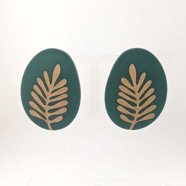 Matte Dark Sage Green and Gold Organic Fern Earrings