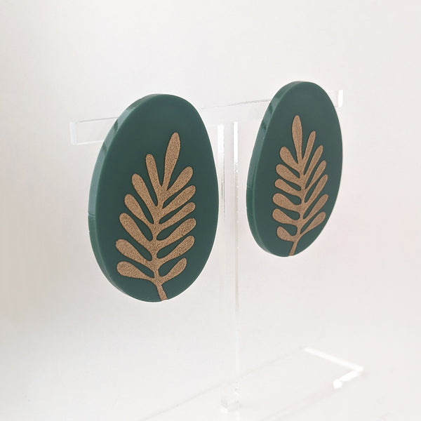Matte Dark Sage Green and Gold Organic Fern Earrings