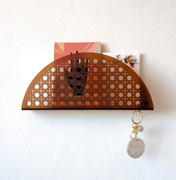 Arch Rattan Cane Acrylic Wall Mail Holder - Frosted Amber