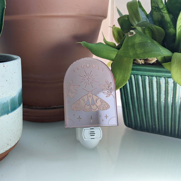 Moons and Moth Mirrored Acrylic Night Light - Rose Gold