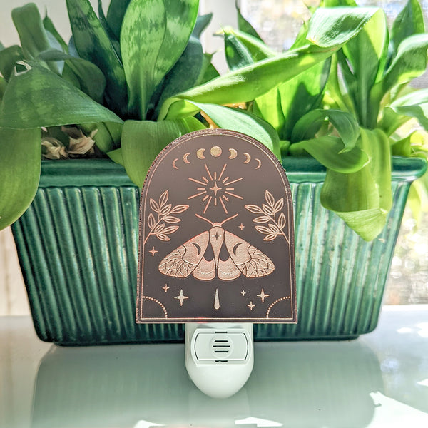 Moons and Moth Mirrored Acrylic Night Light - Rose Gold