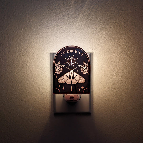 Moons and Moth Mirrored Acrylic Night Light - Rose Gold