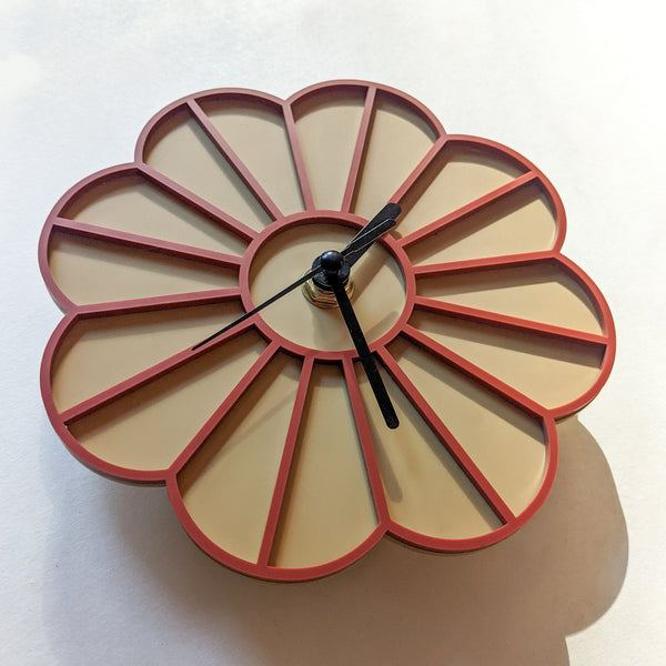 Mini Graphic Flower Acrylic Wall Clock - Golden Tan and Burnt Orange