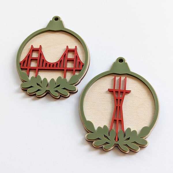 Golden Gate Bridge and Sutro Tower Ornament Pair
