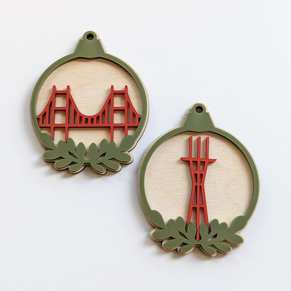 Golden Gate Bridge and Sutro Tower Ornament Pair