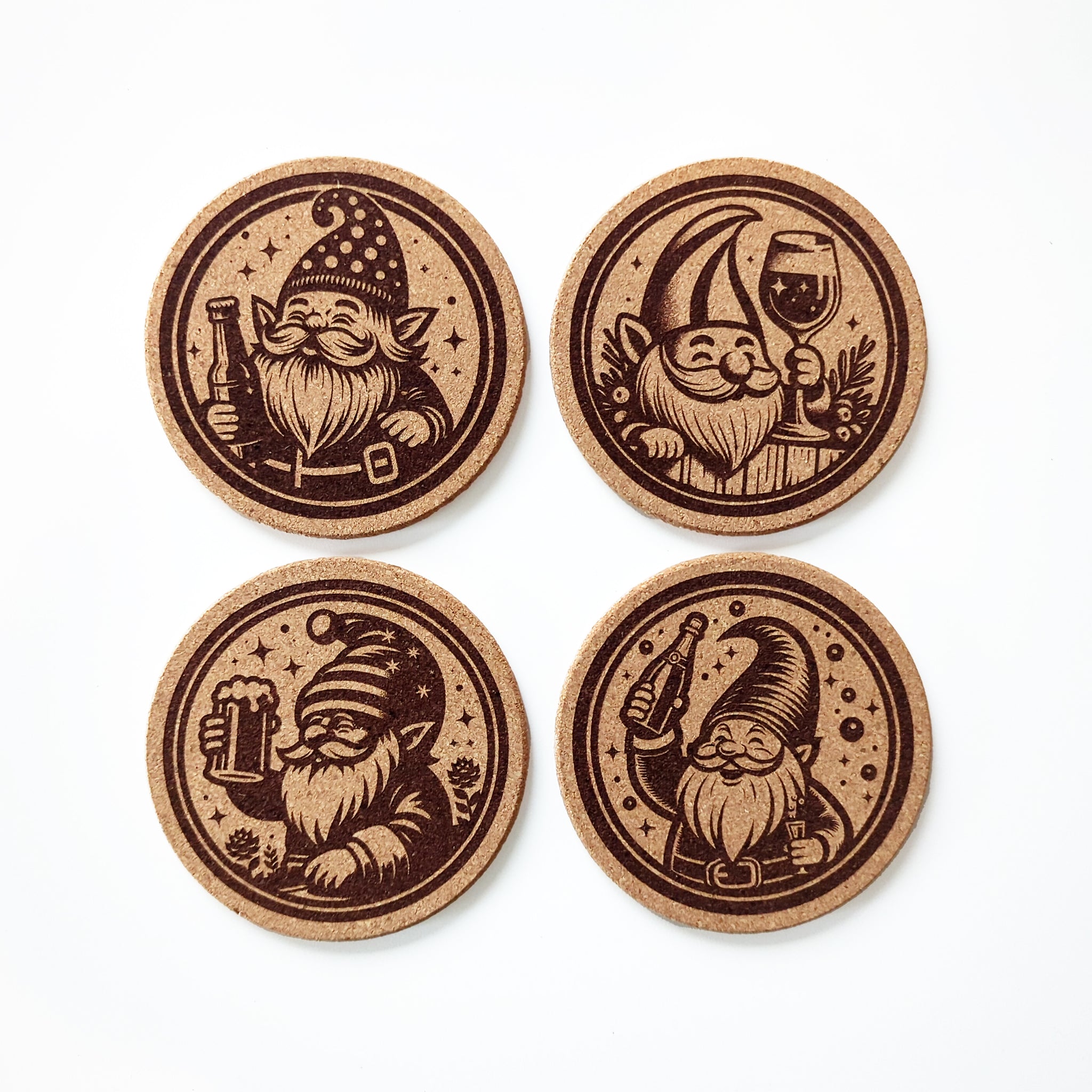 Scandi Christmas Gnomes and Cocktails Cork Coasters Set of 4