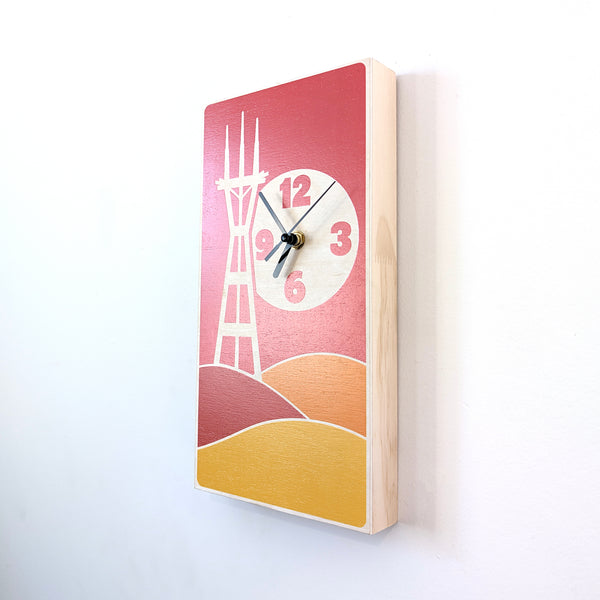 San Francisco Sutro Tower Sunset Hills Wood Clock - Retro Warm Tones