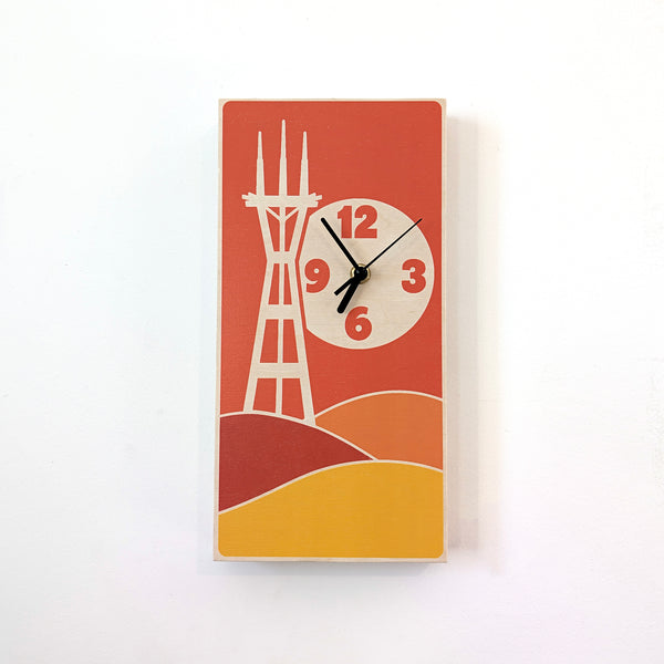 San Francisco Sutro Tower Sunset Hills Wood Clock - Retro Warm Tones