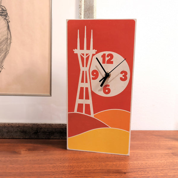 San Francisco Sutro Tower Sunset Hills Wood Clock - Retro Warm Tones