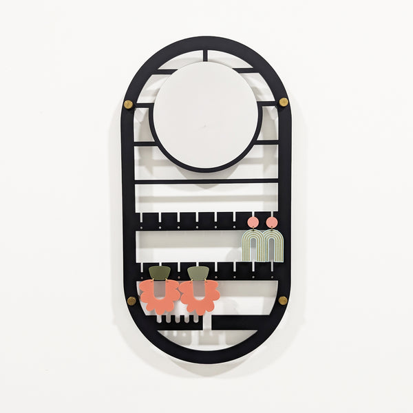 Oval Geometric Wall Hanging Jewelry Holder with Mirror