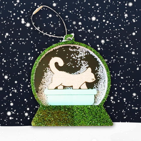 Christmas Cat in Litter Box Snow Globe Shaker Ornament