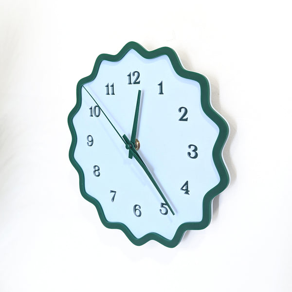 Fluted Geometric Acrylic Wall Clock with Numbers - Hunter Green and Sky Blue