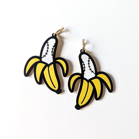 Peeled Baseball Stitched Banana Earrings - Multiple Sizes