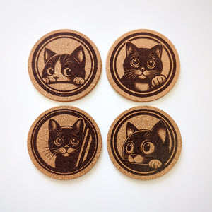 Peeking Cats Cork Coasters Set of 4