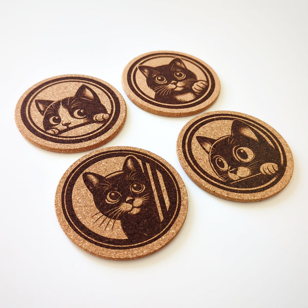 Peeking Cats Cork Coasters Set of 4