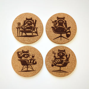 Raccoons with Cocktails Cork Coasters Set of 4