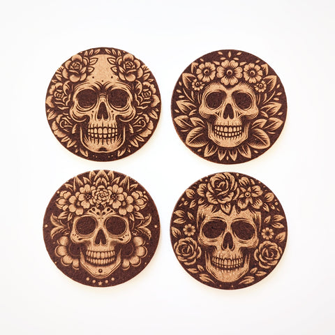 Floral Skull Cork Coasters Set of 4