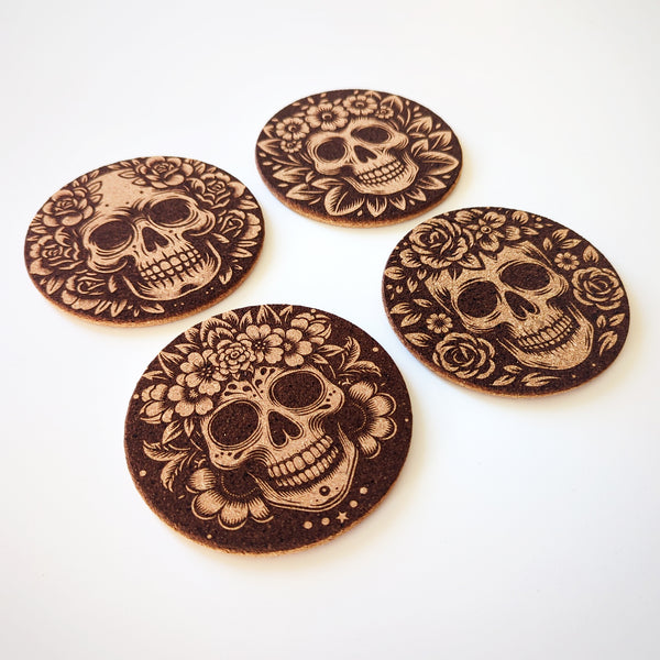 Floral Skull Cork Coasters Set of 4