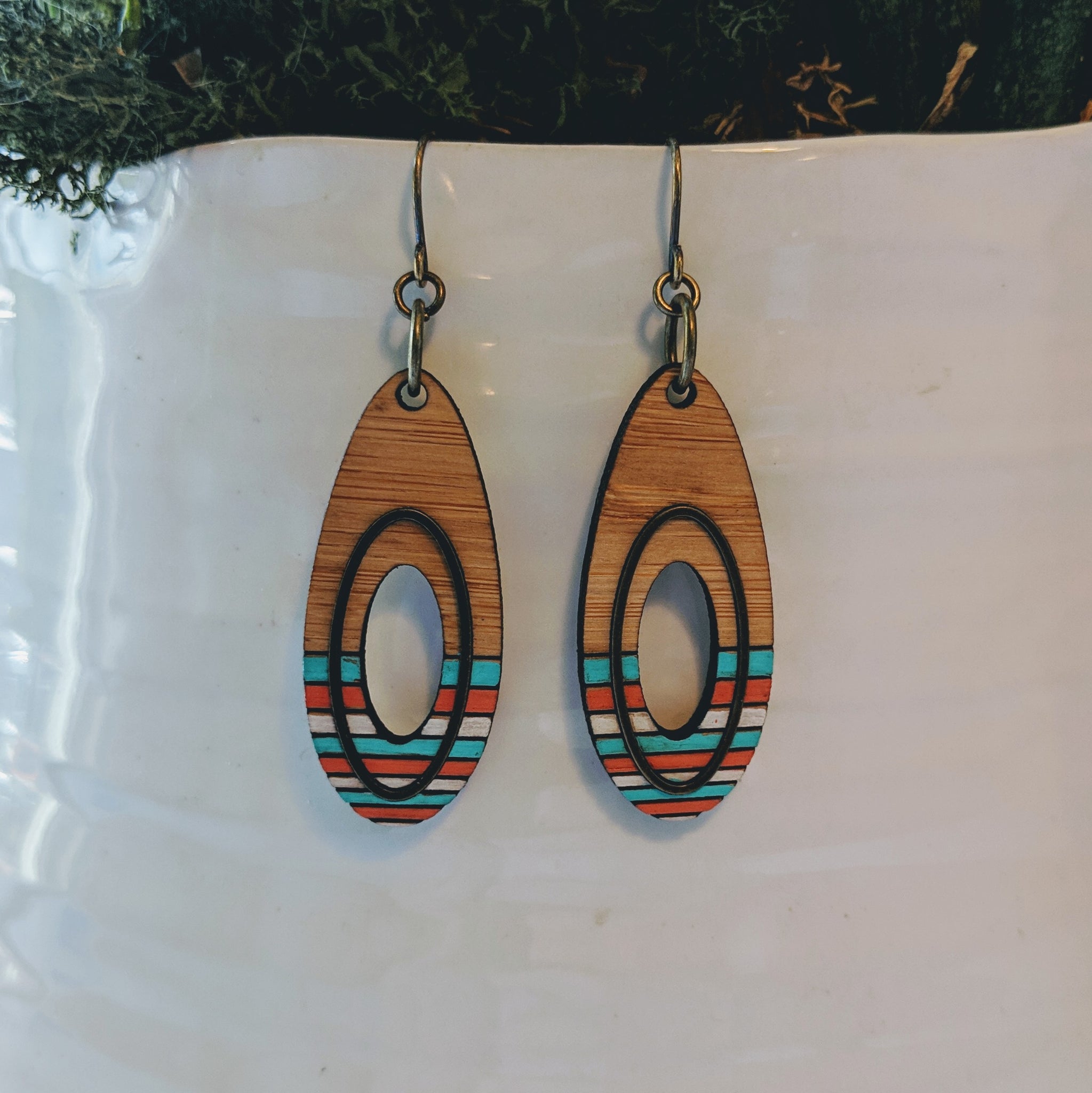 Teardrop Wood and Antique Brass Earrings