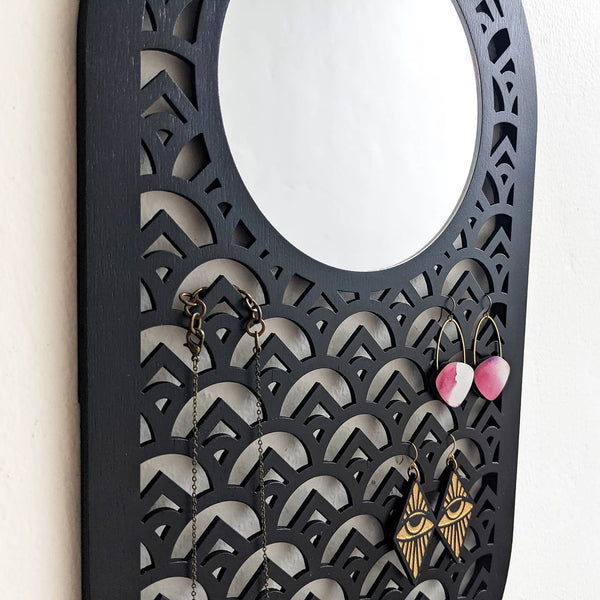 Art Deco Wall Hanging Jewelry Holder with Mirror