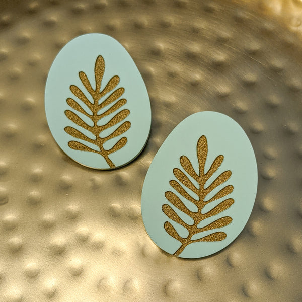Matte Mint Green and Gold Organic Fern Earrings