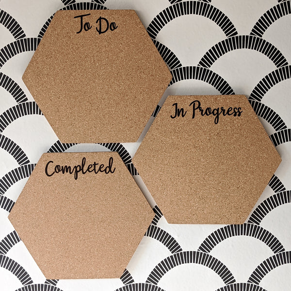 To Do In Progress Completed Hexagon Cork Board - Set of 3