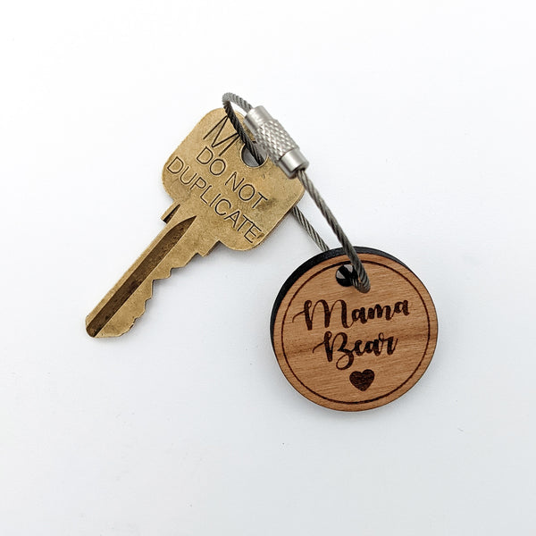 Mama Bear with Heart Wood Keychain