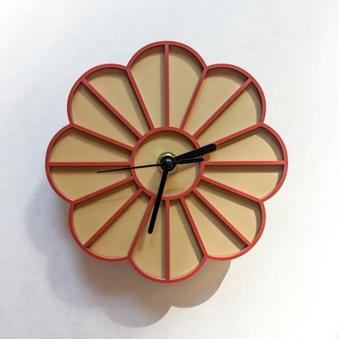 Mini Graphic Flower Acrylic Wall Clock - Golden Tan and Burnt Orange