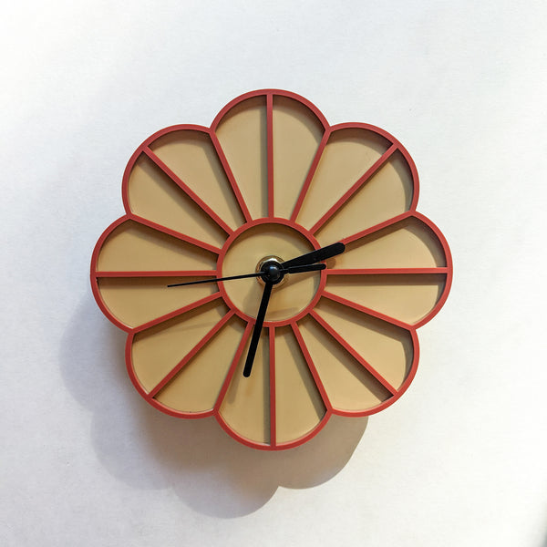 Mini Graphic Flower Acrylic Wall Clock - Golden Tan and Burnt Orange