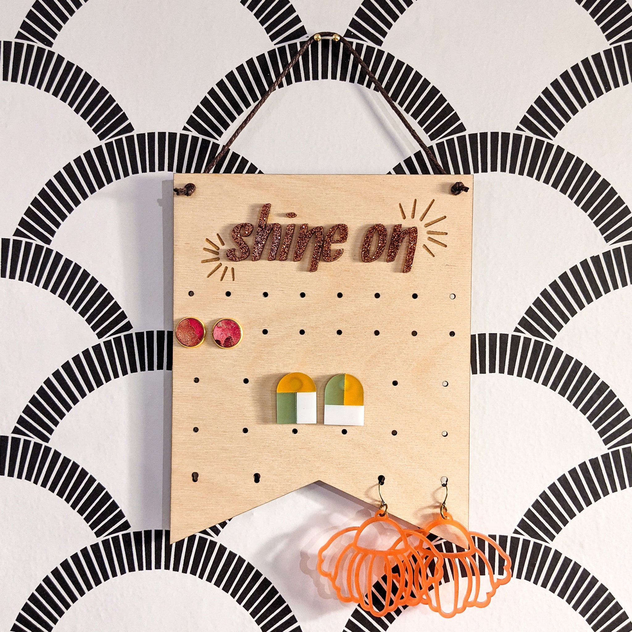 'Shine On' Wood and Acrylic Pennant Banner Wall Hanging Earring Holder
