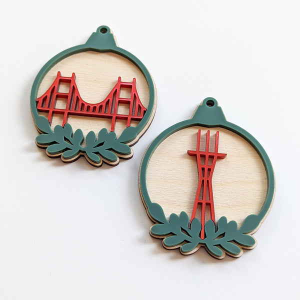 Golden Gate Bridge and Sutro Tower Ornament Pair