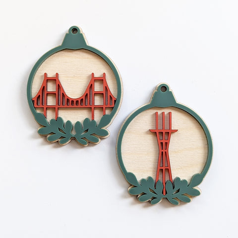 Golden Gate Bridge and Sutro Tower Ornament Pair